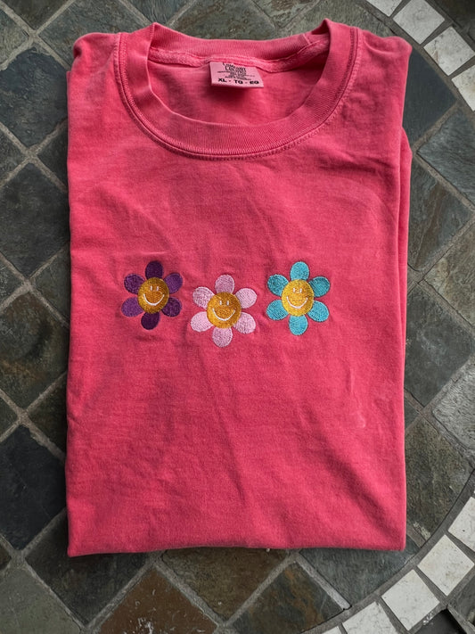 Smiley Daisies Embroidered T-Shirt